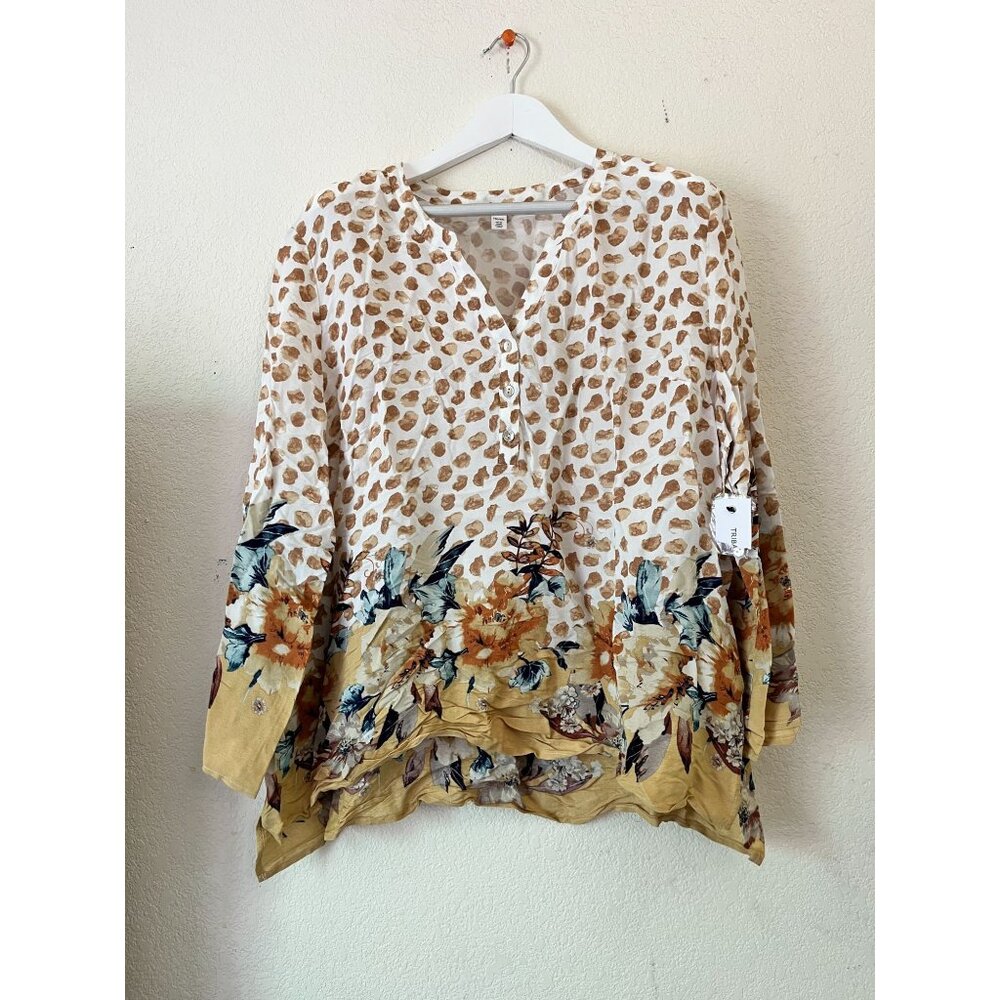 Tribal Jeans Womens Leopard Floral Print Button Tunic Top XXL Casual Lightweight